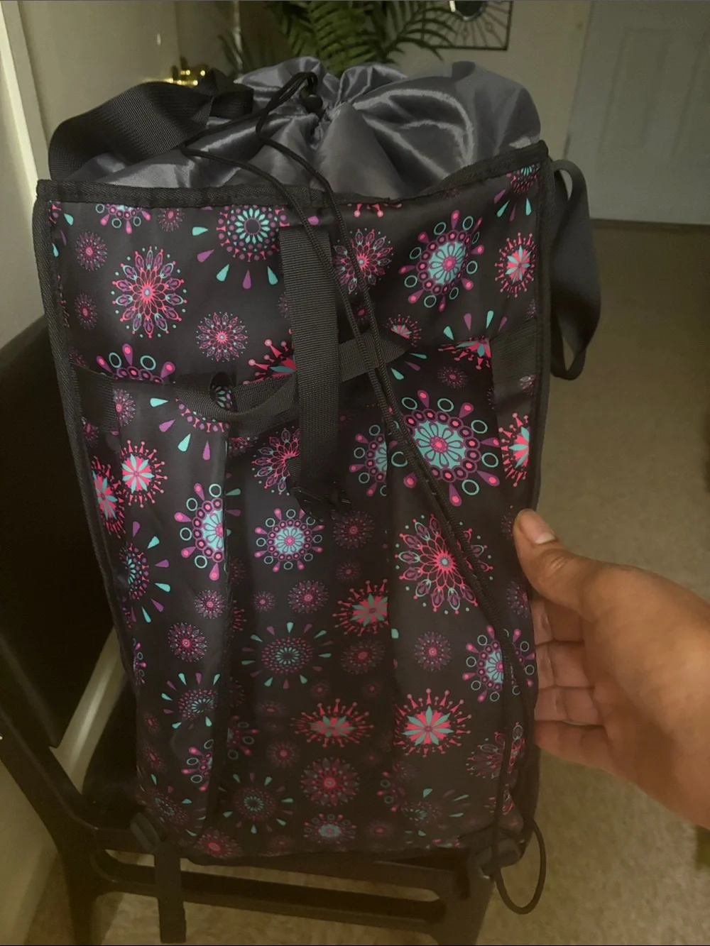 Stylish Black Drawstring Tote Bag with Pink & Teal Floral Print